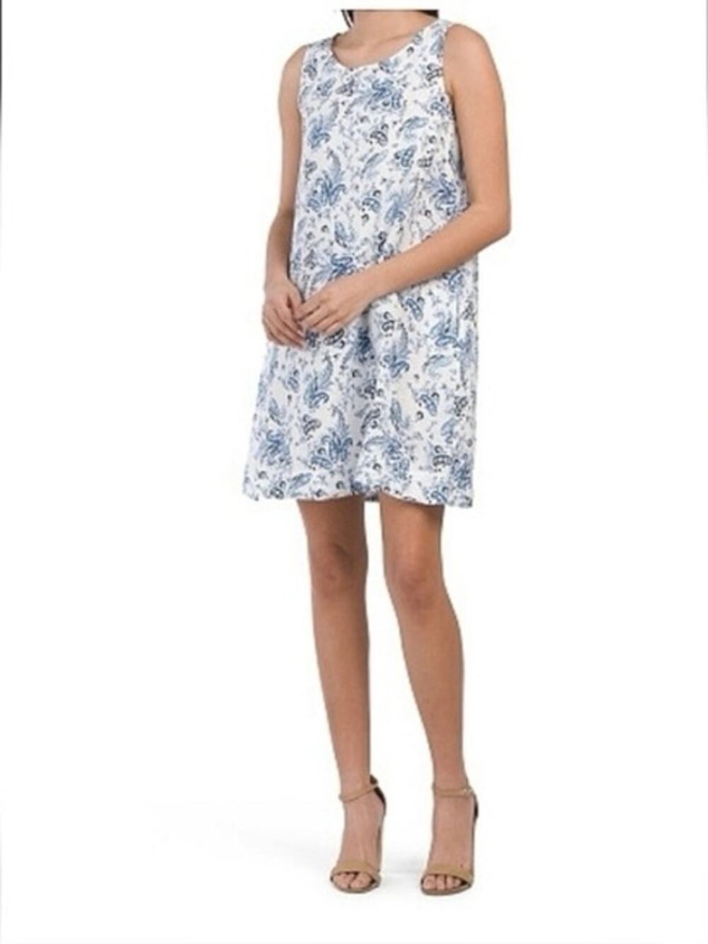 Lucky Brand Dress Linen Paisley Floral Trapeze Coastal Beach Boho Blue Size L